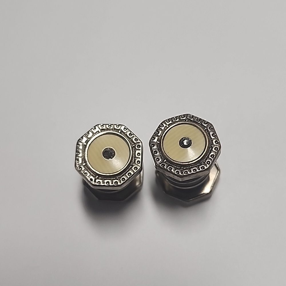 Antique Snap Cufflinks 1920s Celluloid Silver Tone Glass Rhinestone Center